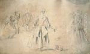 Etude De Personnages Pour "l'ete" Crayon Noir Et Traces De Craie Blanche Sur Papier Gris by Nicolas Lancret