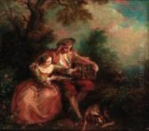 An Elegant Couple With A Caged Bird In A Landscape An Elegant Couple With A Caged Bird In A Landscape