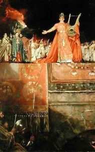 Nero AD 37-68 holding a golden lute with Rome in flames, from Quo Vadis by Henryk Sienkiewicz, published 1897 by Howard Pyle