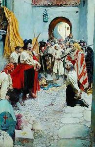 Extorting tribute from the citizens, or The sack of Carthagena, from The Fate of a Treasure Town by Howard Pyle, published in Harpers Monthly Magazine, December 1905 by Howard Pyle