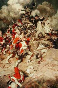 They Scrambled up the Parapet and Went Over the Top, Pell Mell, Upon the British, or The Battle of Yorktown, from Janice Meredith by Paul Leicester Ford 1865-1902, published 1899 by Howard Pyle
