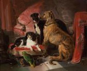 Hector, Nero And Dash With The Parrot, Lory by Sir Edwin Henry Landseer