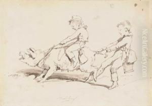 School Boys Playing With A Pig by Sir Edwin Henry Landseer