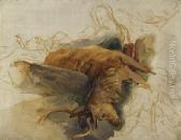 A Dead Stag, With Sketched Figures Of A Ghillie Andhounds - view 1