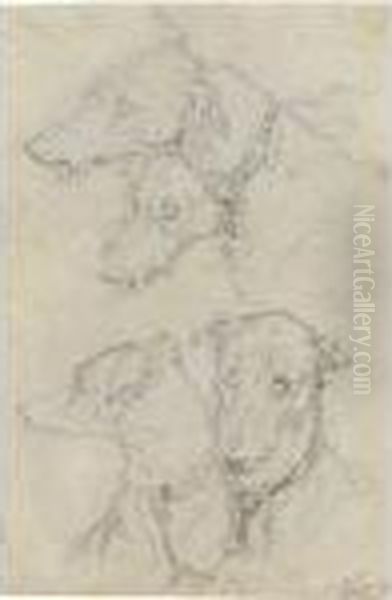 Three Sheets Of Studies Of
Deerhounds, One With A Portrait Of Johncrerar Looking Through A Spy
Glass - view 1