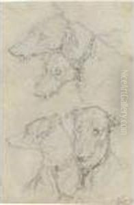 Three Sheets Of Studies Of 
Deerhounds, One With A Portrait Of Johncrerar Looking Through A Spy 
Glass