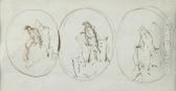 Three Studies Of Eagles, Ovals,
Ink Sketches, Plus A Pencil Sketch Of A Man And Horse Verso, Double
Glazed - view 1