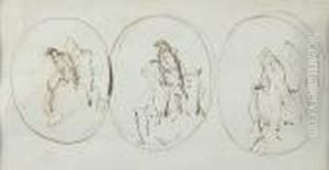 Three Studies Of Eagles, Ovals, 
Ink Sketches, Plus A Pencil Sketch Of A Man And Horse Verso, Double 
Glazed