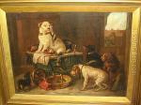 Bull Terrier And Other Dogs In A Barn Interior - view 1