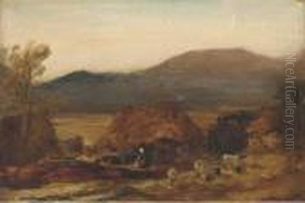 A Mountainous Landscape, With A Figure By A Cottage And Sheep Inthe Foreground - view 1