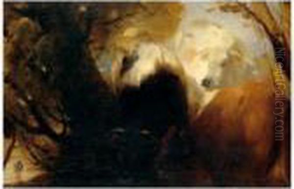 Study Of Cattle Drinking At A Stream - view 1