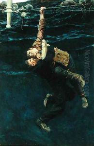 He Lost his Hold and Fell, Taking Me with him, from The Grain Ship by Morgan Robertson, published in Harpers Monthly Magazine, March 1909 by Howard Pyle