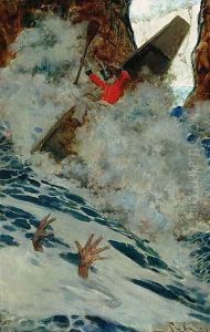 The Boat and I Went by him with a Rush, from Sinbad on Burrator, by Arthur Quiller-Couch 1863-1944, published in Scribners Magazine, August 1902 by Howard Pyle