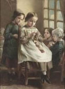 Genreszene Mit Strickenden Madchen.