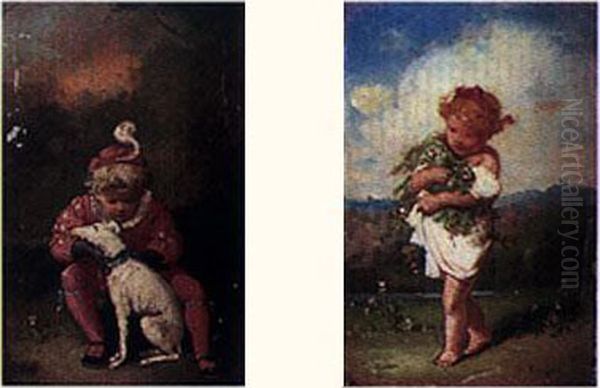 Jeune Garcon Et Son Chien ; Petite Fille Aux Fleurs - view 1