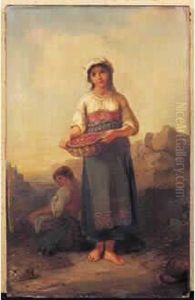 Jeune Femme Au Panier Huile Sur Toile Signee En Bas A Droite by Francois Louis Lanfant de Metz