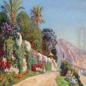 Southern Mountain Landscape With Colorful Flowers And Palms by Olaf Viggo Peter Langer