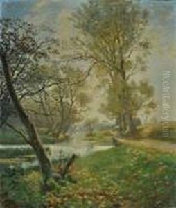A View Along A River Bank Towards A Village by Olaf Viggo Peter Langer