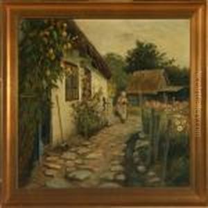 Cottage With Woman Andpeony