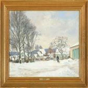 Winter Landscape With A Man Shovelling Snow by Olaf Viggo Peter Langer