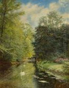A Tranquil River Landscape With Two Swans On The Water by Olaf Viggo Peter Langer
