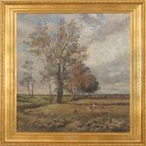 Fall Landscape With People On The Field. Signed Viggo Langer 12 by Olaf Viggo Peter Langer