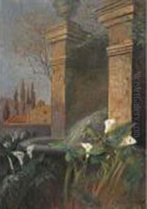 Calla Lilies By A Fountain In A Courtyard