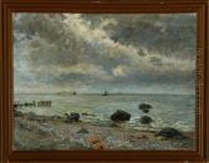 Coastal Scenery With Ships At Dust by Olaf Viggo Peter Langer