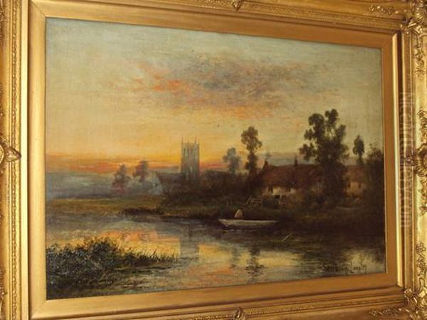 River Landscape At Dusk With Man In A Punt Before A Cottage And Church - view 1