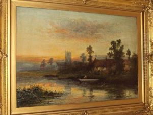 River Landscape At Dusk With Man In A Punt Before A Cottage And Church River Landscape At Dusk With Man In A Punt Before A Cottage And Church