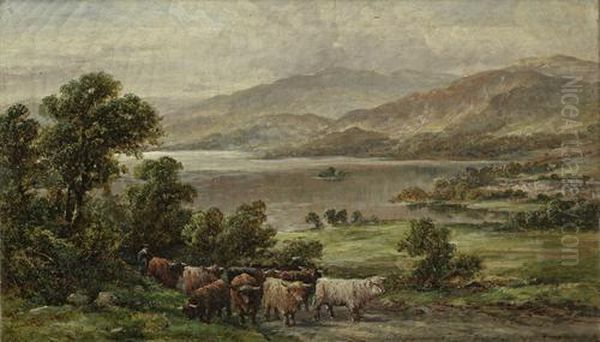 A Drover With Highland Cattle In Front Of A Loch; Highland Cattle In A Loch - view 1