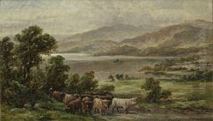 A Drover With Highland Cattle In Front Of A Loch; Highland Cattle In A Loch