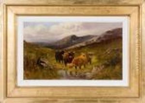 Landscape With Cattle At Water Trough With Mountains In Background
