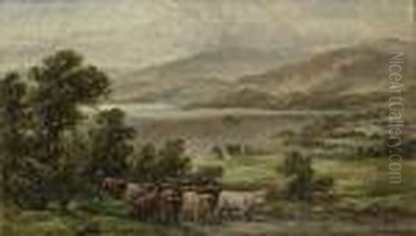 A Drover With Highland Cattle In Front Of A Loch - view 1