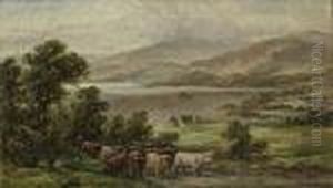 A Drover With Highland Cattle In Front Of A Loch