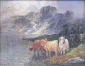 Highland Cattle At A Loch by William Langley