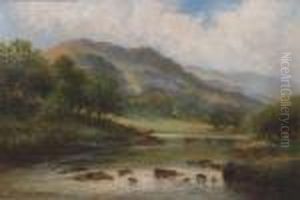 River Landscape With Cattle Watering River Landscape With Cattle Watering