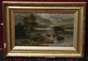 Highland Cattle Watering Beside A Loch by William Langley