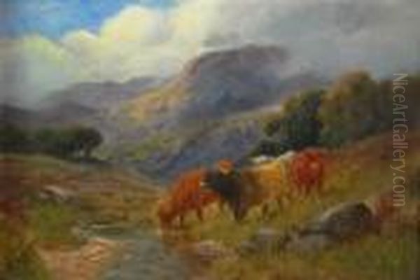 Highland Cattle Watering In A Mountain Stream - view 1