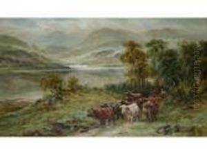 Tending Highland Cattle By A Loch; Highland Cattle Watering by William Langley