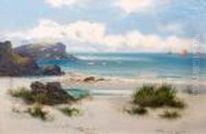 A Beach Scene With Fishing Boats In Thedistance, Probably Off Devon Or Cornwall