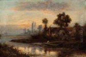 "abend Uberenglischer Flusslandschaft Mit Cottage, Im Hintergrundeine Dorfkirche" "abend Uberenglischer Flusslandschaft Mit Cottage, Im Hintergrundeine Dorfkirche"
