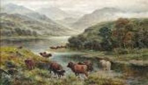 Highlandcattle Watering By A Loch With Mountainous Landscape Beyond by William Langley