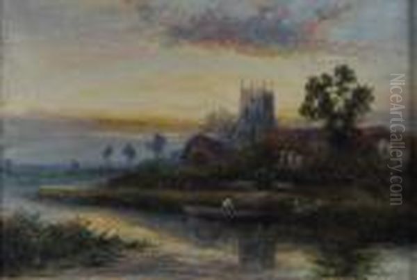 River Landscape At Sunset With A Figure In Boat Toforeground - view 1