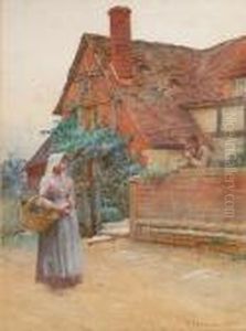 Off To Market, A Maiden Before A Timberedcottage by William Langley
