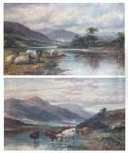 Highland Cattle Watering At The Riverside by William Langley