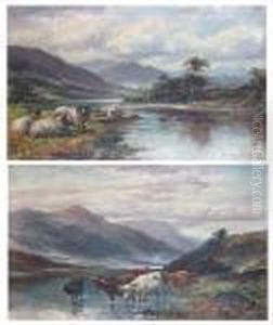 Highland Cattle Watering At The
Riverside,together With Another Of Sheep At The Waters Edge by William Langley