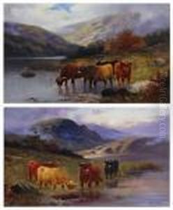 Highland Cattle By A Loch; Cattle By A Loch Atsunrise by William Langley