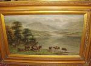 Highland Cattle Watering At A Loch by William Langley