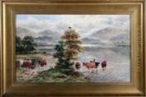 Highland Cattle At A Loch Shore by William Langley
